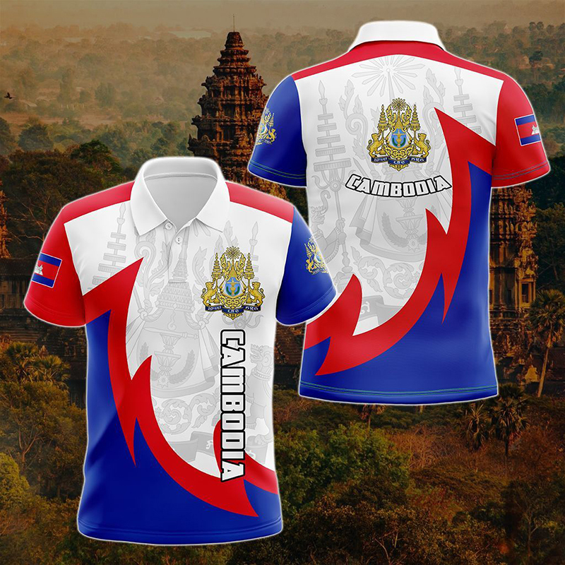 Shirt Camp Collar - Custom Name Cambodia Flag Graphic Polo