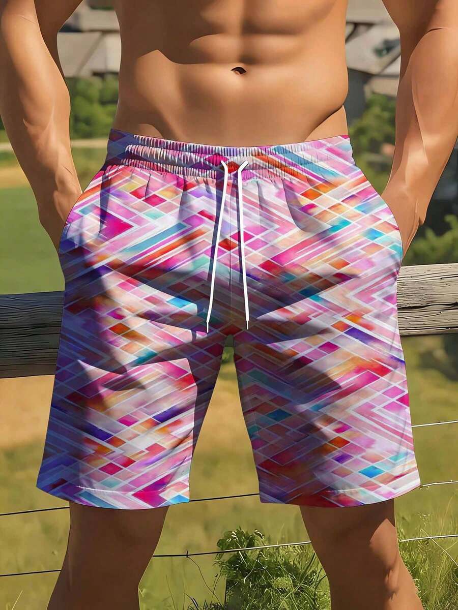 Swim Trunk Quick Dry - Mens Vibrant Abstract Geometric Swim Trunks