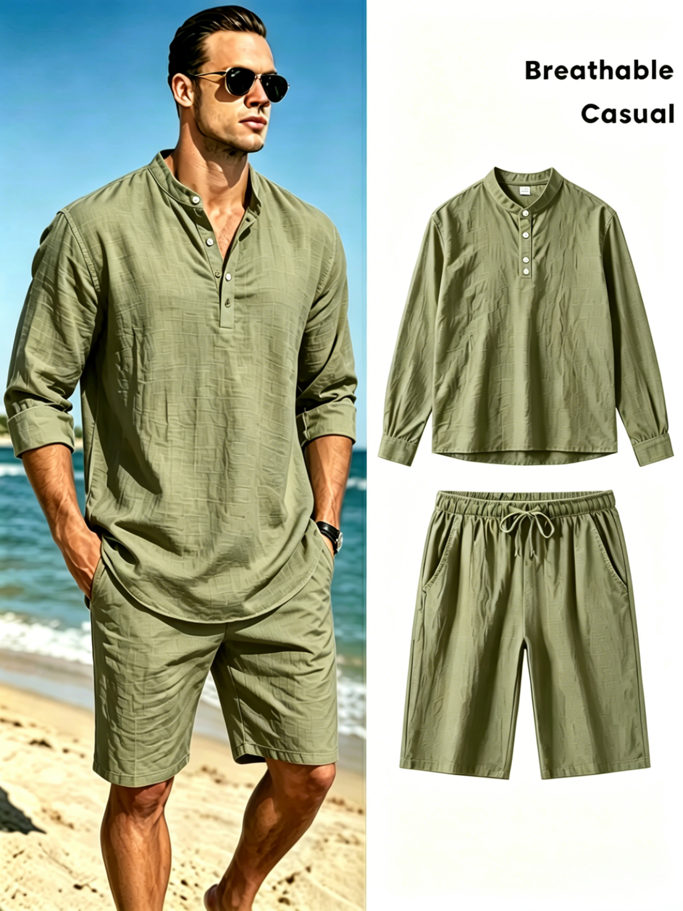 Men's Cotton Linen Henley Shir - Short Linen Drawstring recension och pris