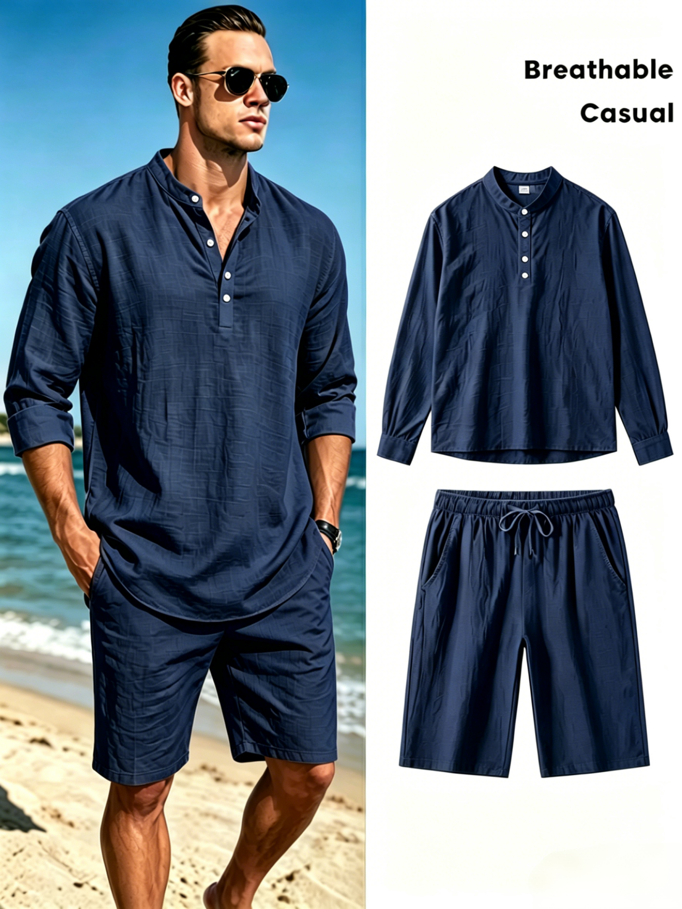 Men's Cotton Linen Henley Shir - Short Linen Drawstring recension och pris