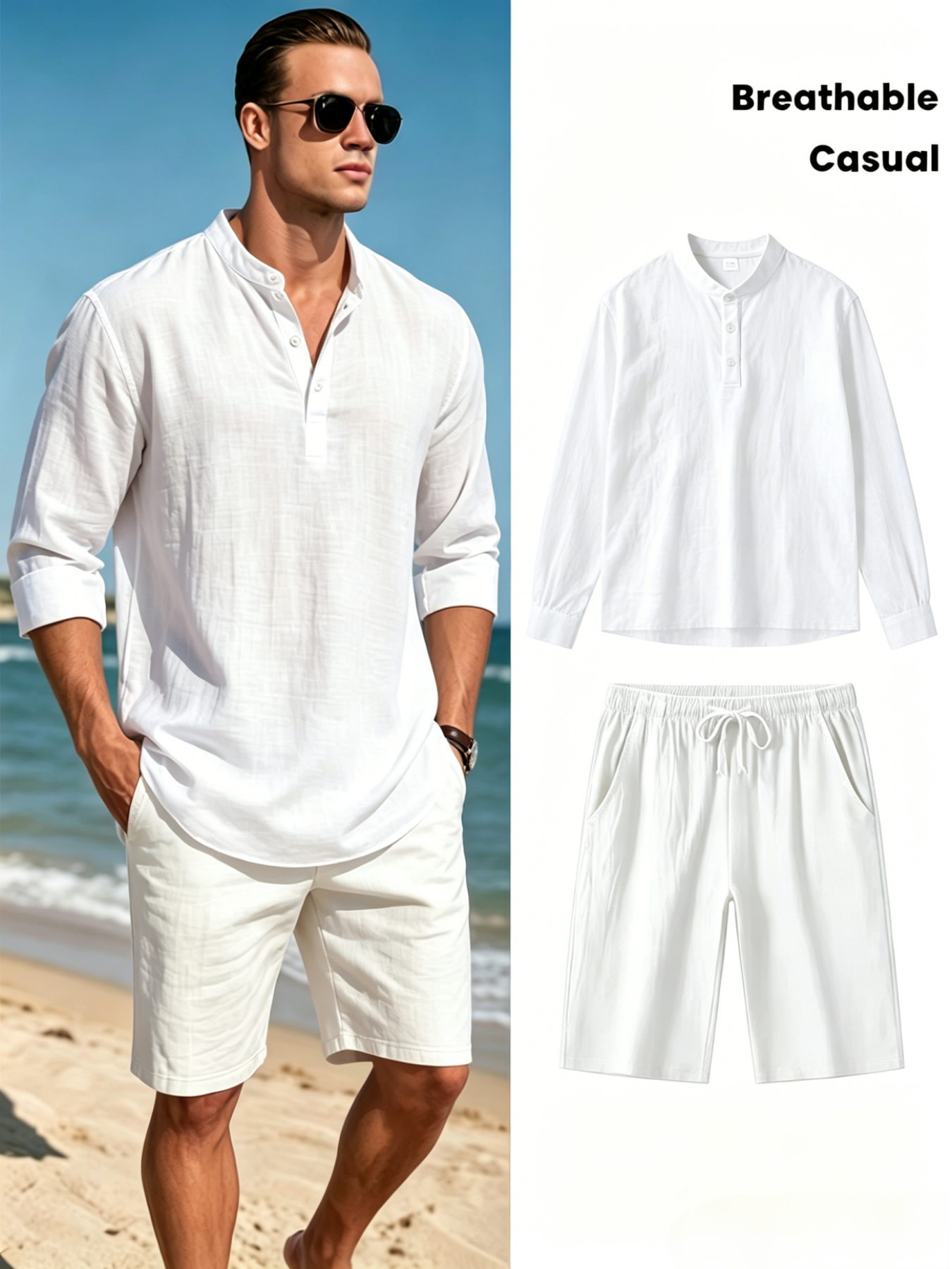 Men's Cotton Linen Henley Shir - Short Linen Drawstring recension och pris
