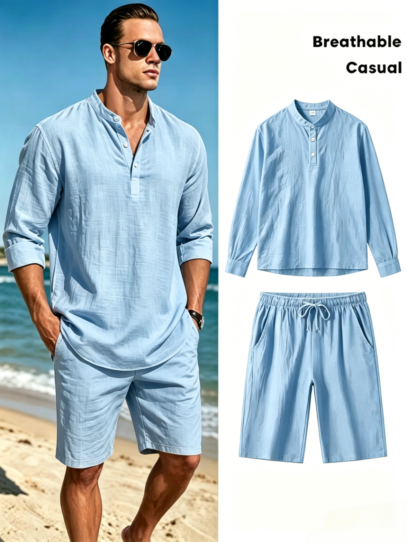 Men's Cotton Linen Henley Shir - Short Linen Drawstring recension och pris